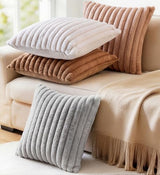 Pack of 2 Throw Pillow Covers 18x18 Decorative Solid Plush Faux Fur with Soft Velvet Back, Square Striped Cushion Cases Modern Farmhouse Home Decor for Living Room Couch Sofa Bed Cream White
