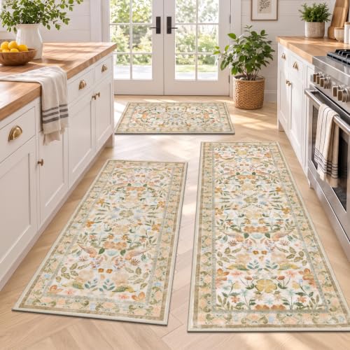 HEBE Boho Kitchen Rugs Set of 3, Non Slip Washable Kitchen Mats for Floor