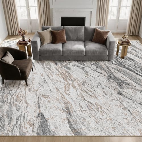 Area Rugs for Living Room: 9X12 Abstract Washable Rug Modern Neutral Large Soft Stain Resistant Non-Slip for Bedroom Dining Room Indoor Home Office Carpet - Taupe