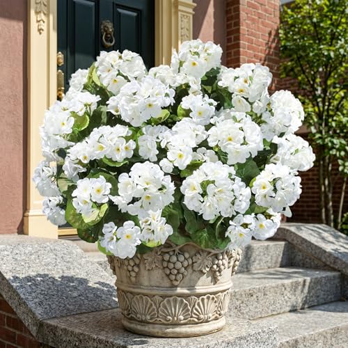 Fake Geraniums Artificial Flowers for Outdoors Outside, 6 Bundles White Silk Geraniums Fake Flowers Plants Realistic UV Resistant Faux Flowers for Outdoor Planters Garden Balcony Yard Porch Indoor