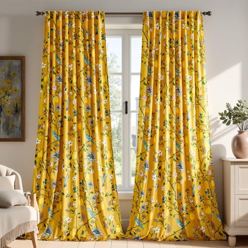 Mustard Yellow Luxury Velvet Floral Curtains 84 inches for Living Room,Vintage Victorian Botanical Blackout Curtain Drapes,2 Panels Mid Century Art Deco Bird Flower Window Curtains for Bedroom