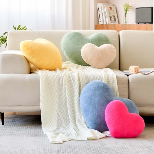 XVTRU Hot Pink Heart Pillows, Cute Heart Decorative Pillow, Heart Shaped Throw Pillows for Bed, Faux Rabbit Fur Plush Hoom Decor Pillow Cushion for Chair Sofa Living Room (Medium-15.7"x11.8")