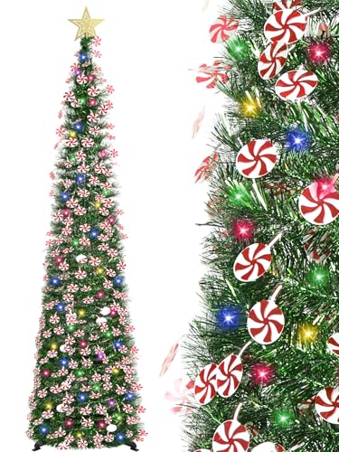 6 FT Pop Up Christmas Tree with 100 LED Timer Lights & Remote, Green Collapsible Christmas Tinsel Tree Artificial Pencil Tree Xmas Decoration for Holiday Home Office Party, USB Powered
