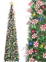 6 FT Pop Up Christmas Tree with 100 LED Timer Lights & Remote, Green Collapsible Christmas Tinsel Tree Artificial Pencil Tree Xmas Decoration for Holiday Home Office Party, USB Powered