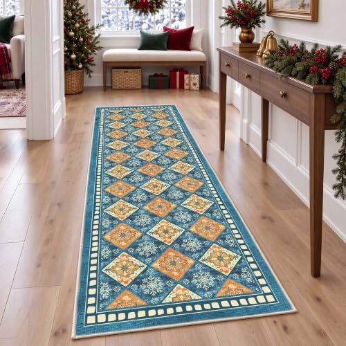 Blue Christmas Runner Rug 2x6, Washable Rug for Hallway, Checkered