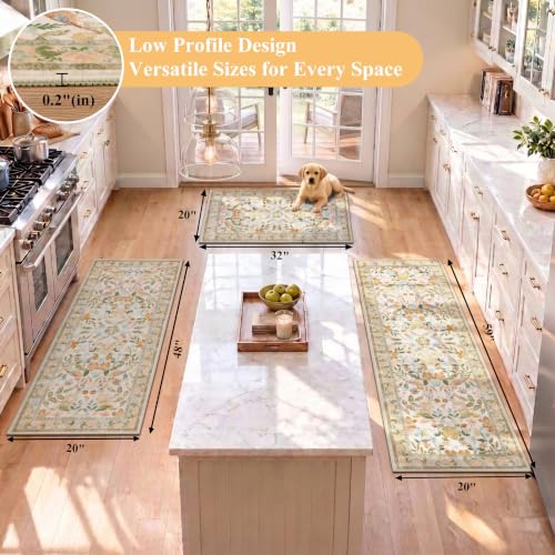 HEBE Boho Kitchen Rugs Set of 3, Non Slip Washable Kitchen Mats for Floor