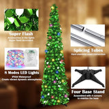 MACTING Pop Up Christmas Tree with 50 LED Lights 5FT Collapsible Tinsel Pencil Tree Easy-Assembly Coastal Glitter Artificial Tree for Porch Apartment Corner Home Party Indoor Xmas Decorations,Green