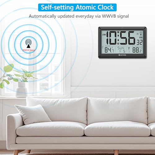 Atomic Clock Wall with Indoor/Outdoor Temp, Battery Operated Digital Wall Clock with 10.5" Large LCD Display, 330ft Range Desk Table Clock with Alarm, DST, Calendar for Living Room Bedrooms, Black