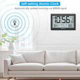 Atomic Clock Wall with Indoor/Outdoor Temp, Battery Operated Digital Wall Clock with 10.5" Large LCD Display, 330ft Range Desk Table Clock with Alarm, DST, Calendar for Living Room Bedrooms, Black