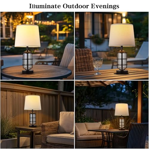 Outdoor Table Lamp, Farmhouse Lamp for Patio Table Decor with Cord, Rustic Table Light with Seeded Glass, 23.5" Plug-in Outdoor Lamps for Patio Waterproof, LED Bulb Included (Black)