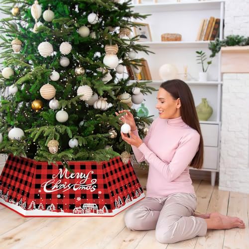 Christmas Tree Collar Buffalo Plaid, Christmas Tree Base Cover, Fabric Hexagon Tree Base Skirt with Six Patterns, Christmas Tree Base Bottom Stand Cover with 31In Diameter for Tree Decoration