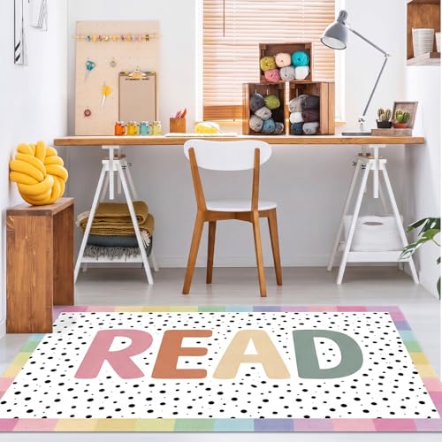 Suclain Large Classroom Rug 4 x 6 ft Reading Corner Rug Boho Pastel Washable Non Slip Large Area Carpet for Back to School Decor Mat for Library, Playroom, Daycares, Learning Space Activities Supplies