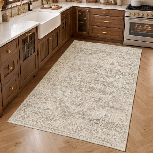 FMFUNCTEX 4x6 Washable Brown Neutral Oriental Distressed Entryway Area Rug