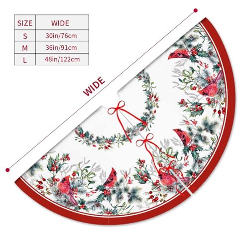 Christmas Tree Skirt 48Inches Winter Cardinal Birds Xmas Tree Skirt, Red Poinsettia Floral Holly Leaves Christmas Tree Mat for Home Party Holiday Indoor Outdoor Decorations (Red, 48in)