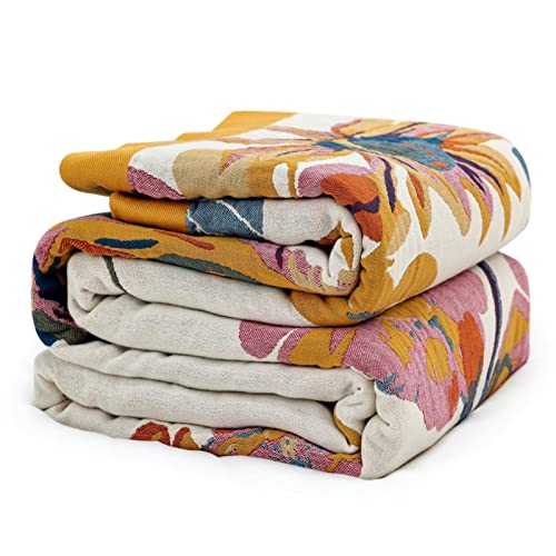 MSGKV Boho Throw Blanket for Couch and Sofa 50"x60" Cotton Throw Cover for Living Room with Floral and Butterfly, Summer Breathable&Lightweight Blanket