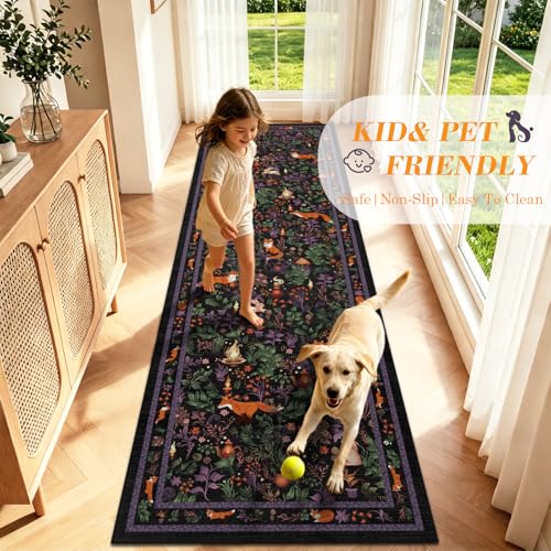 nesrt Animal Print Runner Rugs for Hallway 3x10ft Non Slip, Washable Fantasy Jungle Fox Kitchen Runners, Long Fantasy Floor Carpet for Entryway Doorway Laundry Room Decor (Black)