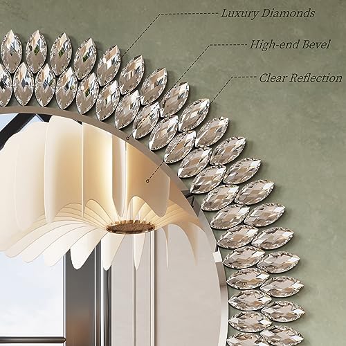 Kelly Miller 26" Jeweled Luxury Round Decorative Wall Mirror | Elegant diamond beveled vanity mirror. Perfect wall mirror for living room, bedroom, entryway.