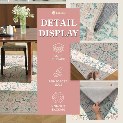 Lahome Sylvie Pink Bedroom Rug for Girls Room Decor, 5x7 Washable Cute Playroom Nursery Rug, Soft Floral Low Pile Carpet for Kids Living Dining Room Indoor, Pink/Multi