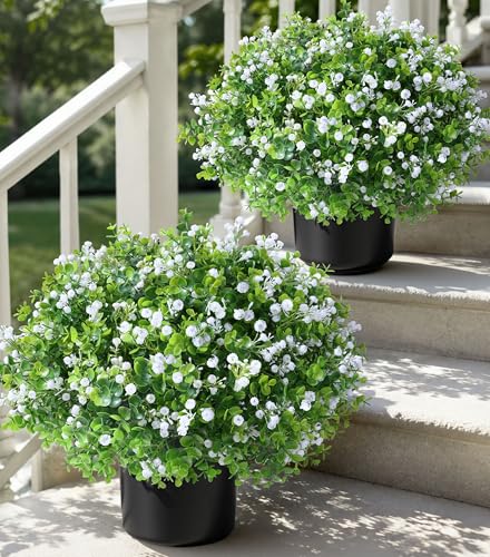 Fake Plants Artificial Flowers for Outdoors Decor, 2 Pack Fake Potted Plants Baby Breath With Green Eucalyptus Look Real UV Resistant Artificial Greenery with Pot for Outside Porch Garden Patio Yard