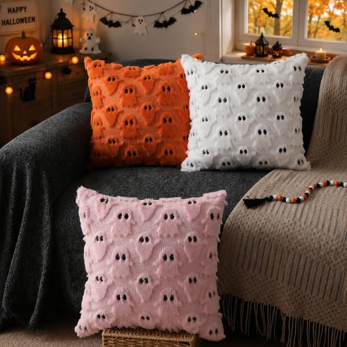 DFXSZ Halloween Pillow Covers 18x18 inch Set of 2 White Ghost Throw Pillow Cases Soft Plush Faux Fur Wool Couch Cushion Case for Chair Sofa Bedroom Living Room Home Decor PTK03A18