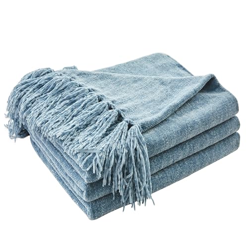 CozeCube Chenille Throw Blanket for Couch, Cozy Plush Fuzzy Decorative Dusty Blue Blanket with Fringe Tassels, Lightweight Throws for Bed Sofa Gift Home Decor, 50"X60"