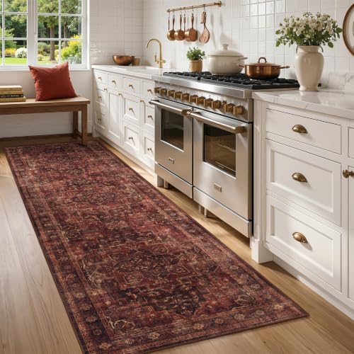 Washable Hallway Runner Rug 2'x8', Vintage Medallion, Dark Red