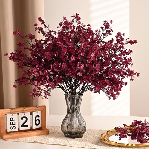Waipfaru 6Pcs Fake Flowers Babys Breath Silk Artificial Flowers Gypsophila Bouquets Bulk Real Touch Fall Stems for Fall Thanksgiving Decor Autumn DIY Floral Arrangement Table Centerpieces, Wine Red