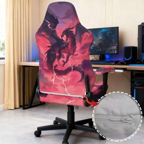 GLENLCWE Dragon Print Washable Gaming Chair Covers with Armrest Cover, 4pc/Set Office Chair Covers Slipcovers with Zipper, Red Stretchable Game Chairs Slipcovers