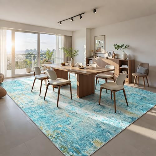 Living Room Rug 8x10 Teal Blue Area Rugs Machine Washable Abstract Boho Large Rug Non-Slip Non-Shedding Faux Wool Indoor Vintage Carpet for Bedroom, Classroom, Dining Room, Kids Playroom