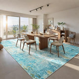 Living Room Rug 8x10 Teal Blue Area Rugs Machine Washable Abstract Boho Large Rug Non-Slip Non-Shedding Faux Wool Indoor Vintage Carpet for Bedroom, Classroom, Dining Room, Kids Playroom