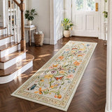 2x6 Kitchen Runner Rugs Non Slip Washable, Beige Floral Runner Rug for Hallway Bedroom Bathroom, Pet & Kids Friendly, Soft Low Pile Stain Resistant Foldable Floor Carpet