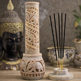 Carry Me Hand Carved Soapstone Incense Stick Holder | Candle Burner | Tea Light Stand. Elephant Jaali Carving Bottle Shape. Decorative Home and Kitchen Decor - (3x3x10.5 Inches)