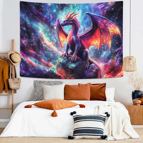 Purple Dragon Tapestry, Gothic Medieval Fantasy Animals Cool Dragon Tapestry for Bedroom Aesthetic, Nebula Starry Sky Tapestry Wall Hanging, Men Boys Poster Blanket College Dorm Home Decor, 40X30in