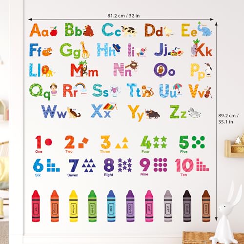 DECOWALL DS-8044 Animal Alphabet Numbers Colour Decals Stickers Kids Peel and Stick Removable for Room décor Letters ABC Classroom playroom Decorations Educational Bedroom Nursery