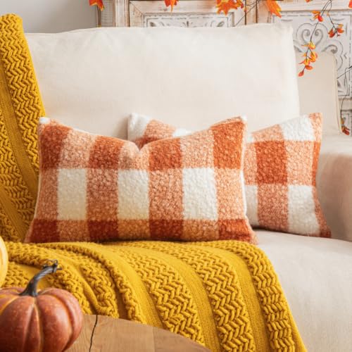 Plaid Fall Throw Pillow Covers Orange Write 12x20 Inch Set of 2