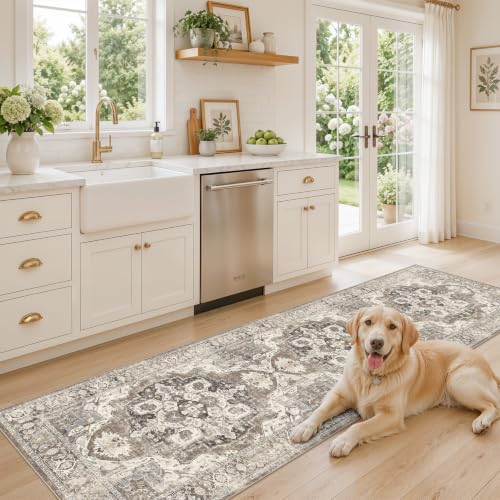 Hallway 3x9 Runner Rug: Non-Slip Washable Boho Kitchen Rugs Entryway Rug Runners Vintage Soft Low Pile Carpet Stain Resistant Floor Mat for Bedroom Bathroom Laundry(Beige/Brown/Grey, 3x9)