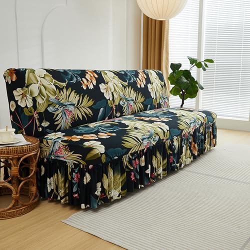 Printed Futon Covers Slipcovers No Arms, Stretch Armless Couch Cover with Skirt, Soft Armless Futon Cover 3/2 Seater Stretch Sofa Bed Slipcover, 1-Piece Form Fit Futon Cover,E,160~190CM