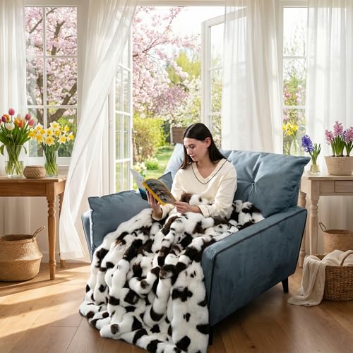Cow Print Faux Fur Throw Blanket for Couch, Ultra Soft Cozy Lightweight Blanket for Kids Teens Adults, Easy Care, Luxury Decorative Gifts for Sofa Bedroom Living Room Decor, 50″ x 60″