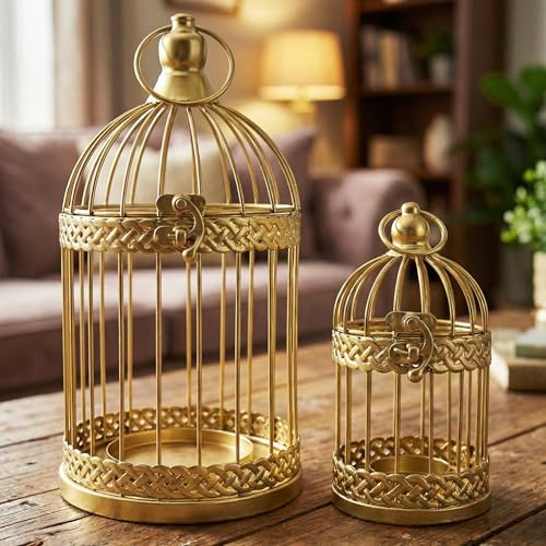 Vela Lanterns Decorative Indoor Bird Cage Candle Holder Set of 2, Gold