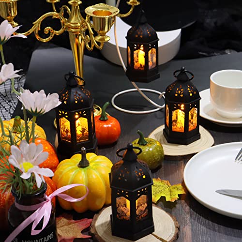 5" Halloween Mini Lanterns for Halloween Table Centerpiece, Small Lantern Decorative Indoor with Pattern Glass for All Saints' Day Party Decor, 8 Pack Hanging Candle Holder Ornaments, Pure Black