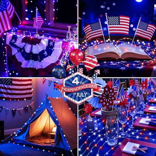 LAMPHOME Red White Blue Patriotic Fairy Lights Plug in, 33Ft 100 LEDs Waterproof Twinkle Firefly Lights, Adaptor Included Starry String Light for Independence Day Patriotic Holidays Decoration