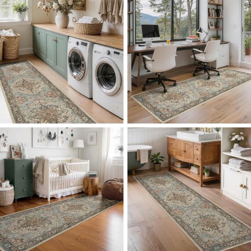 Washable 2x8 Runner Rug, Blue Vintage Floral Non-Slip for Hallway, Kitchen