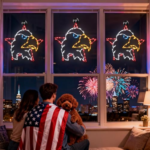 13.7" 4th of July Window Silhouette Light, 4th of July Eagle Decorations with 60 LED Red White Blue Lights, USB Powered with Remote & Timer, Independence Day Decoration for Indoor & Outdoor