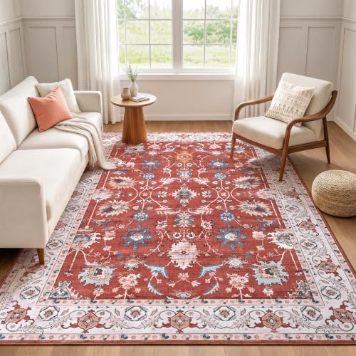 5x7 Area Rugs for Living Room, Washable Rug Vintage Floral, Red