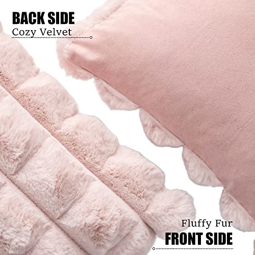 Neelvin Pink Faux Fur Cozy Soft Plaid Decorative Throw Pillow Covers 20x20 inch Set of 2,Velvet Pillowcase Cushion Case for Sofa Couch