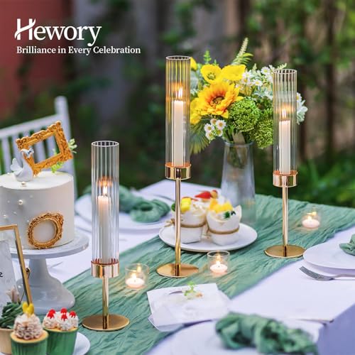 Hewory Gold Taper Candle Holders: Candlestick Holders Set of 3 Hurricane Glass Tall Candle Holder for Candlesticks Candle Sticks Holder Decor for Table Centerpiece Wedding Party Christmas Decorations