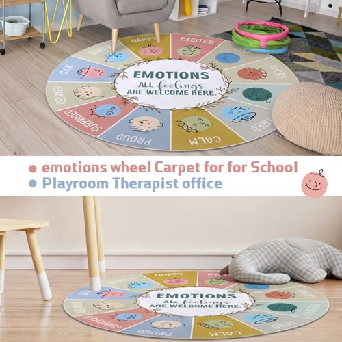 4ft Boho Feelings Chart Rug Feelings Chart Wheel Round Mat Calm Corner Classroom Rug Emotion Reading Soft Fluffy Mental Health Carpet Circle Sensory Mat for Bedroom School Living Playroom