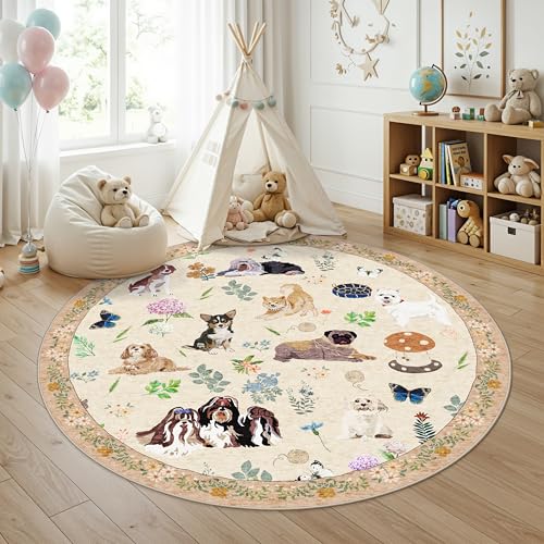 Washable 6ft Round Rugs for Bedroom - 6x6 Feet Circle Area Rugs for Living Room Nursery Non-Slip Stain Resistant Ultra Soft Carpet for Teen Girls and Boys Dorms Home Decor Aesthetic(6ft,Beige/Dog)