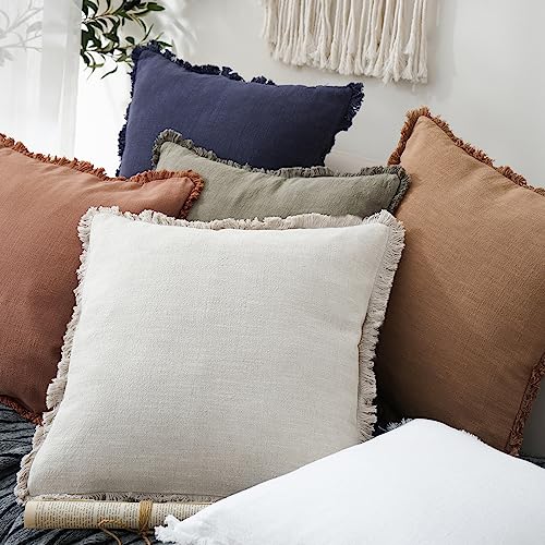 Foindtower Set of 2 Decorative Linen Fringe Throw Pillow Covers Cozy Farmhouse Boho Cushion Cover with Tassels Soft Accent Pillowcase for Couch Sofa Bed Living Room Home Decor 20×20 Inch Beige