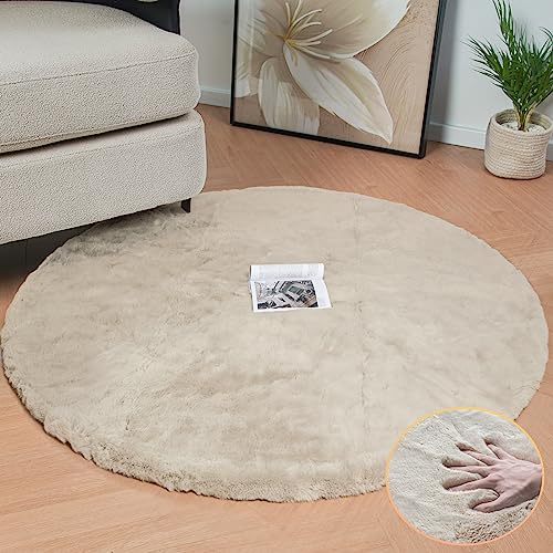 ORINOVA Camel Plush Shag Faux Rabbit Washable Fuzzy Fur Rugs for Living Room Bedroom Kids Circle Small Nursery Area Rug Round Rug 3ft